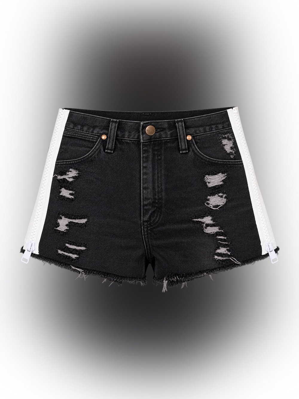 Black Distressed Jean Shorts with White Side Zipper Trim